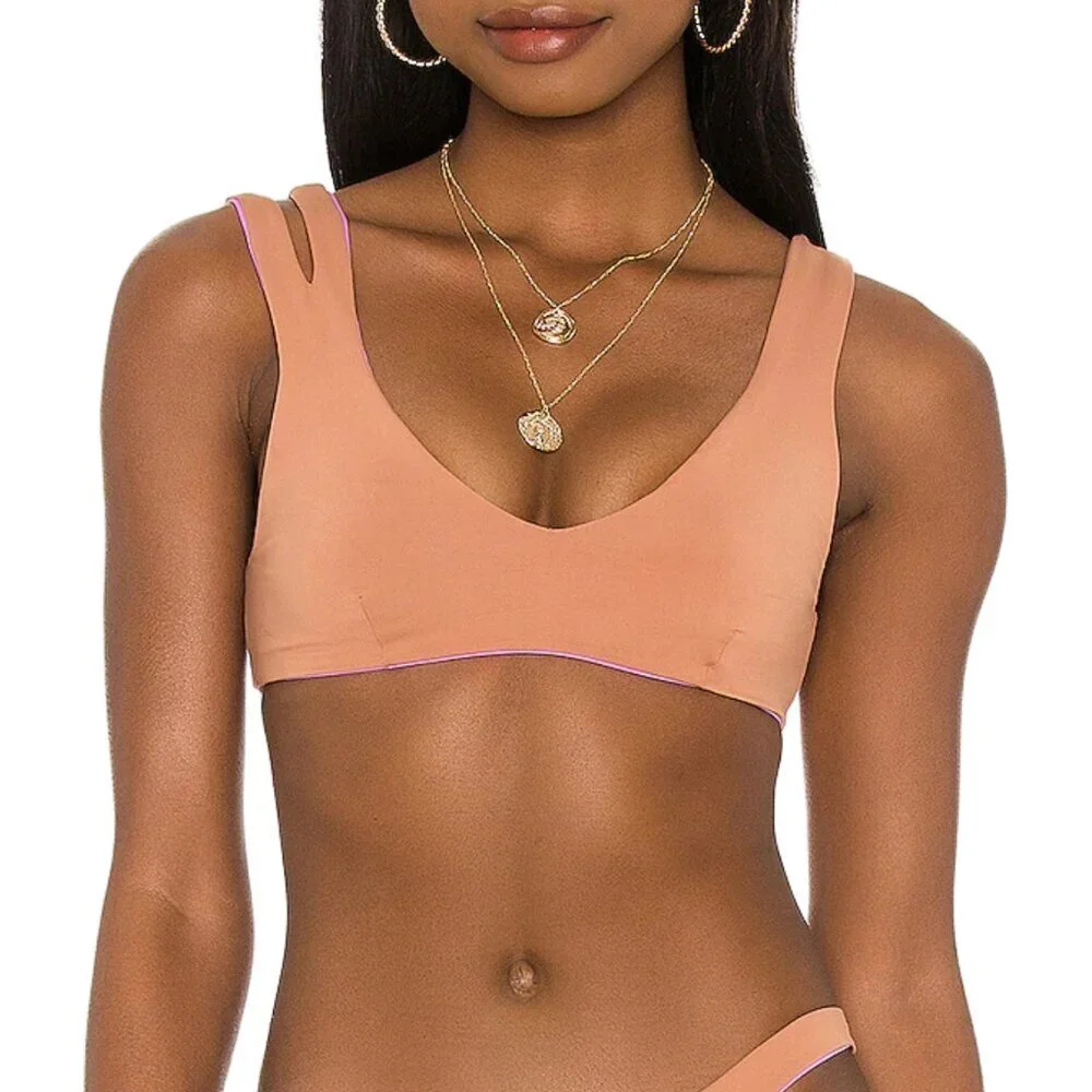 NEW l*space One Wave Pullover Split Shoulder Cutout Bikini Top in Putty Sz. S
